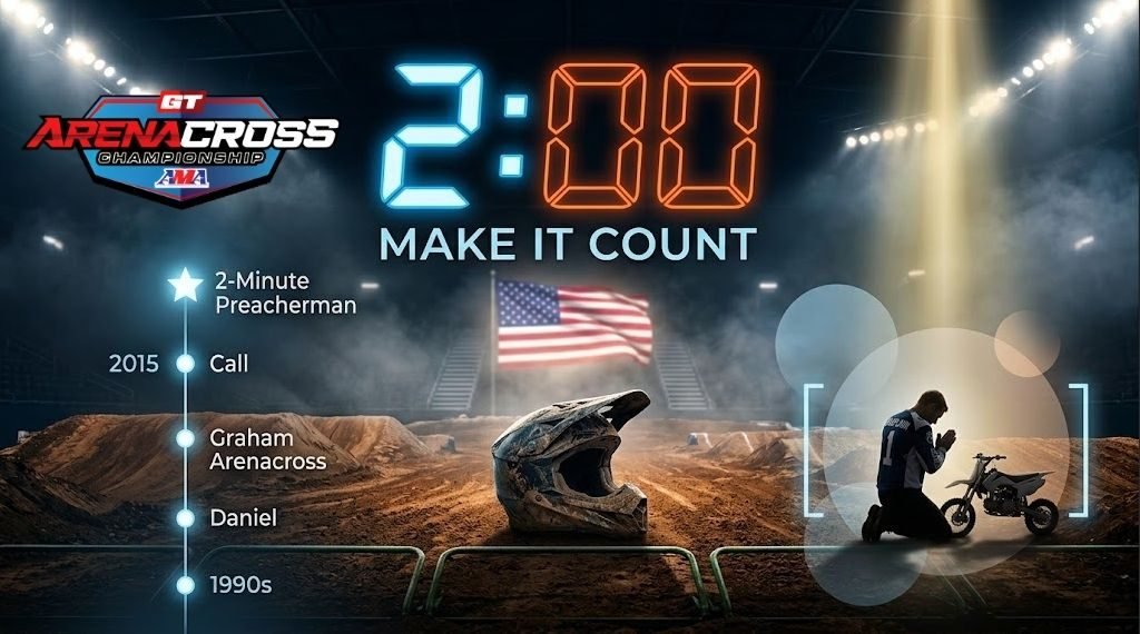 Cinematic 16:9 digital artwork inside a dark Arenacross stadium with bright overhead lights and a hazy dirt track. In the foreground, a muddy helmet rests on the start gate with an American flag blurred in the background. Digital infographic overlays feature a glowing blue and orange "2:00" countdown timer reading "MAKE IT COUNT," a vertical timeline graphic on the left tracing from the 1990s to "2-Minute Preacherman," and a translucent circular graphic on the right showcasing a kneeling chaplain silhouette in a beam of golden light beside a miniature dirt bike.